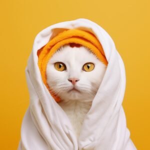Gato branco com olhar atento, usando toalha laranja na cabeça, simbolizando cuidados de higiene.