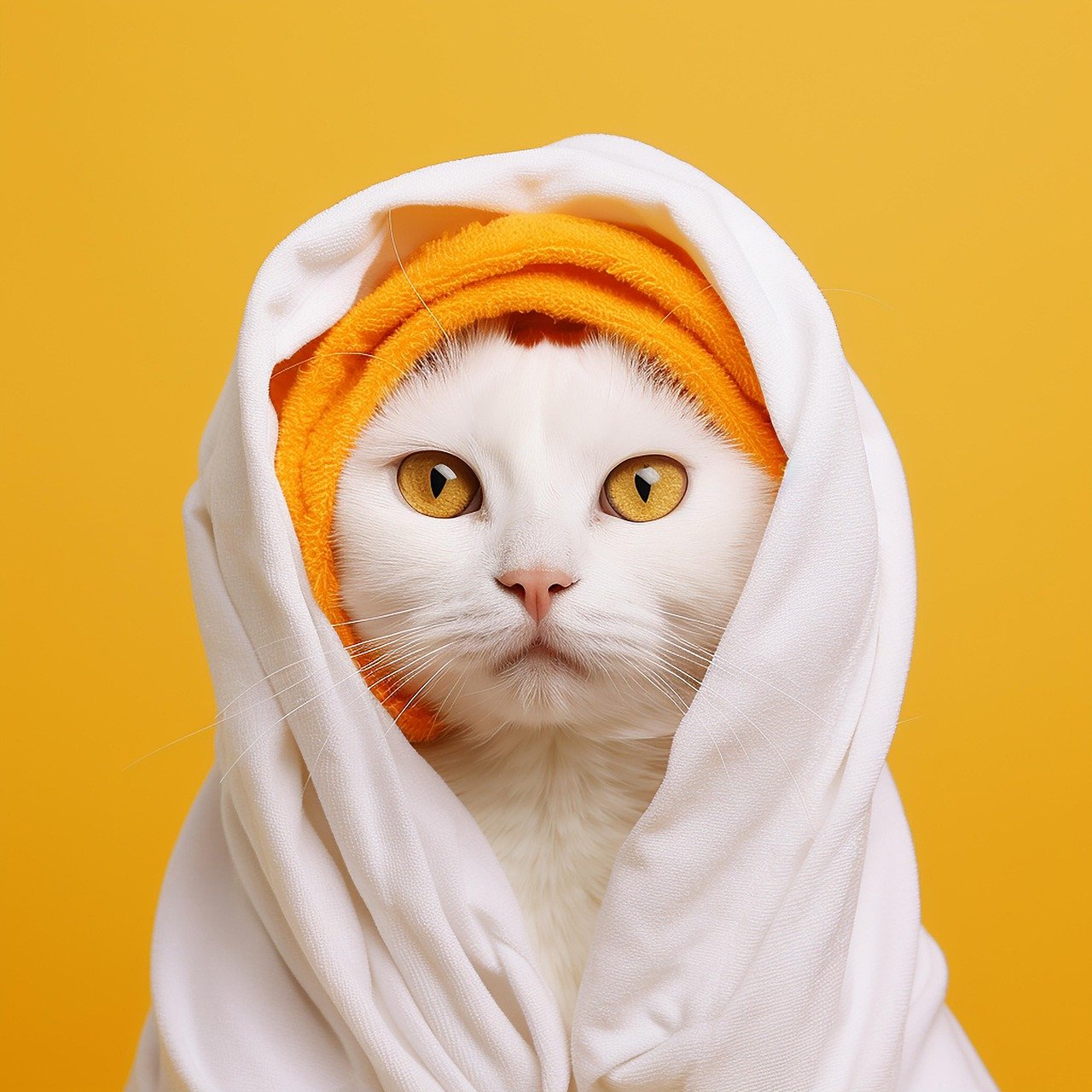 Gato branco com olhar atento, usando toalha laranja na cabeça, simbolizando cuidados de higiene.